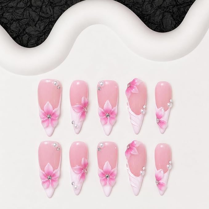Handmade Press on Nails Long Stiletto Nails Press on with 3D Flower Charm Design Pink French Tips Stick on Nail Hand Made Glossy Fake Nail Luxury Pearl False Nails for Women (M)