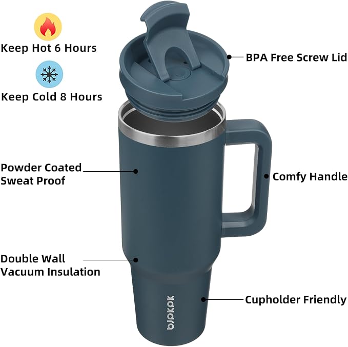 BJPKPK 40 oz Insulated Tumbler with Handle & Straw, Stainless Steel | Double Wall Vacuum Insulation, Leak Proof, BPA Free, Dishwasher Safe, Cupholder Friendly, Travel & Outdoor, Navy Blue
