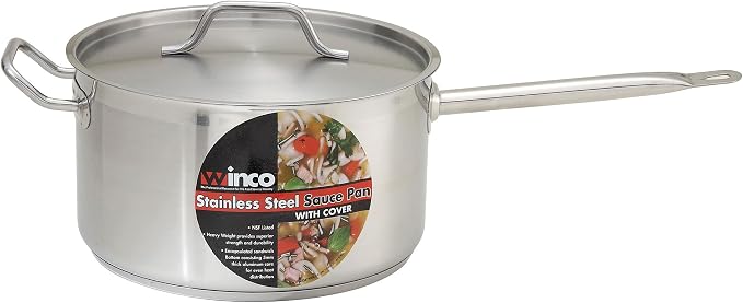 Winco 10 qt Stainless Steel Sauce pan with Cover | Heavy-duty, Tri-ply construction, Helper handle, Great for Cooking and Food Preparation