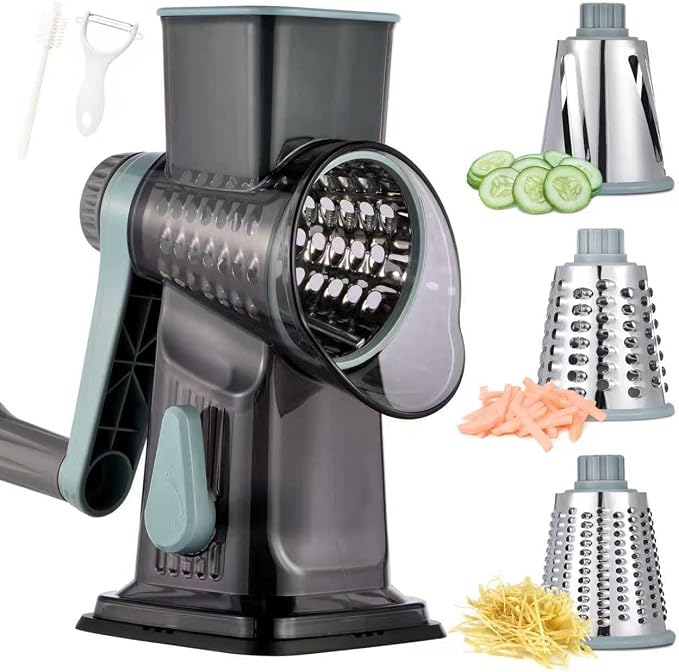 Rotary Cheese Grater with Handle Kitchen Shredder Slicer Grater Slicer Ice Shaver Cheese Vegetable Nuts Potato Zucchini Chocolate 3 Interchangeable Blades (GreyBlue)