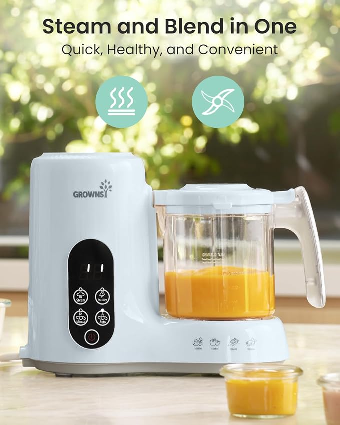 Grownsy Baby Food Maker, Steamer & Blender Baby Food Processor, Blue | BPA-Free Elevated Steam Basket, Healthy Homemade Baby Food Purees, Starting Solids & BLW, Baby Feeding Essentials, 6+ Months