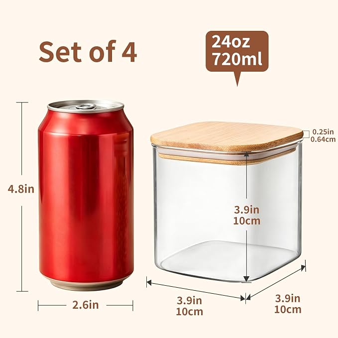 4-Pack Square Glass Containers with Bamboo Lids, 24oz | Airtight Canister Set, Glass Food Storage Jars with Lids for Candy, Coffee, Tea, Sugar, Flour, Cookies, Spices