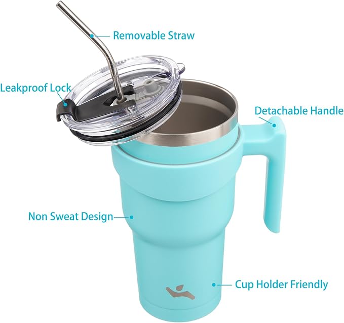 Konokyo 30 oz Tumbler with Handle and Straw, Insulated Travel Mug | Turquoise; BPA-free, leak-proof tumbler with 2 lids, 2 straws, cup holder fit for coffee, office, travel & daily use