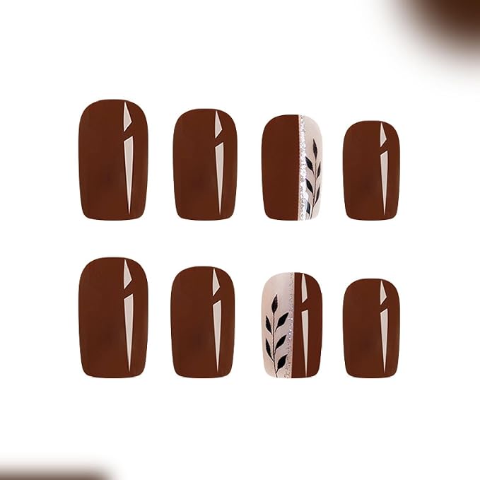 Fall Press on Nails Medium Square Fake Nails with Leaves Glitter Designs Nails Press ons Brown Artificial Nails Autumn Stick on Nails for Women 24 Pcs