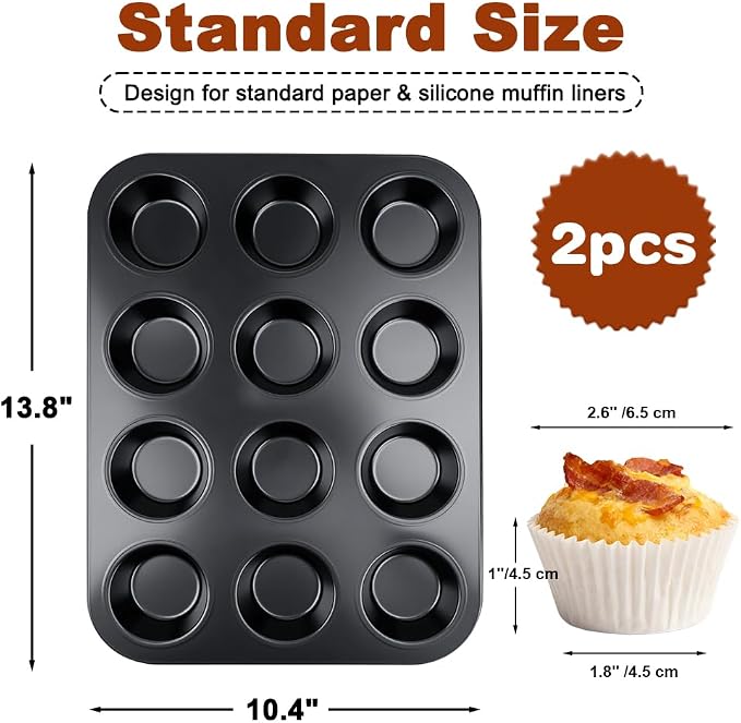 Muffin Pan & Cupcake Pan, 2 Pack 12-Cup Muffin Tin for Baking with 120 Cupcake Liners, Nonstick Heavy Duty Carbon Steel Cupcake Tins, Scratch Resistant Baking Pans Set for Family & Party