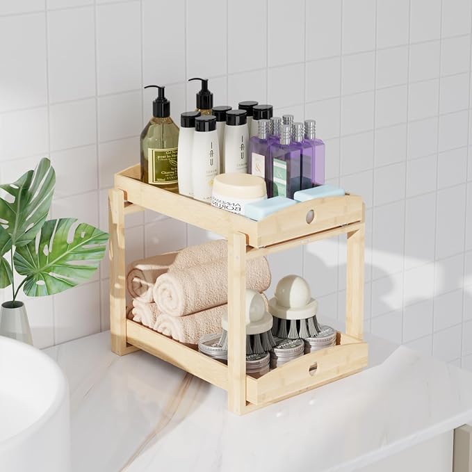 2 Pack Bamboo Under Sink Organizer, 2-Tier Sliding Drawers for Cabinets | Pull-out drawers keep cleaners and tall bottles visible, organized and easy to reach in kitchen or bathroom cabinets