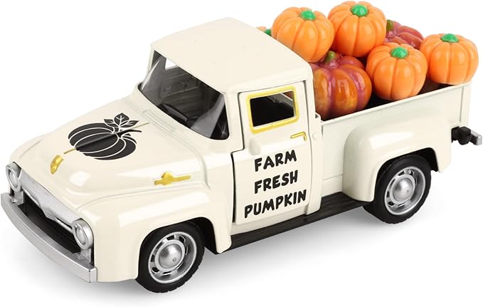 Hooqict Fall Pumpkin Truck Thanksgiving Decor with 8 Pumpkins Mini Metal Truck Vintage Pickup Car Model for Fall Autumn Harvest Thanksgiving Table Decorations Kitchen Farmhouse Tiered Tray Decor
