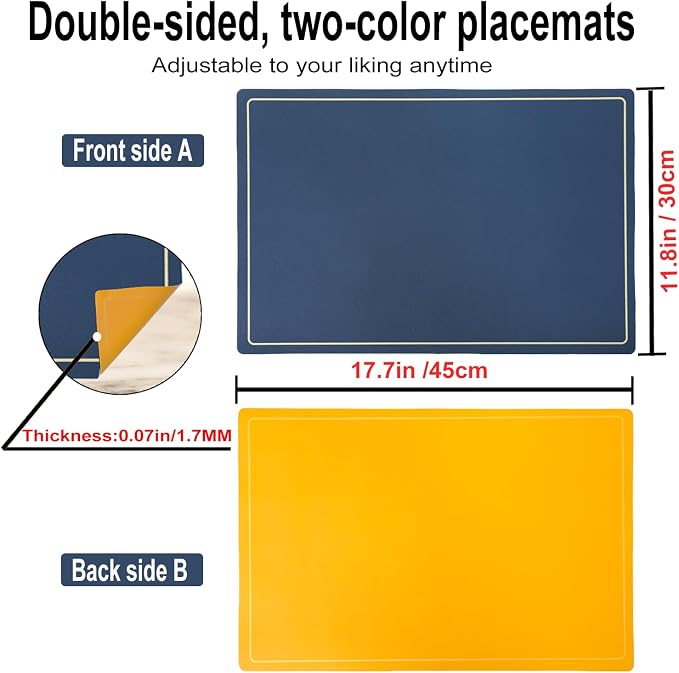Faux Leather Placemats Set of 6, 11.8"x17.7", Blue & Yellow | Reversible Table Mats, Waterproof, Stain & Heat Resistant, Easy Clean for Dining, Gatherings, Outdoor