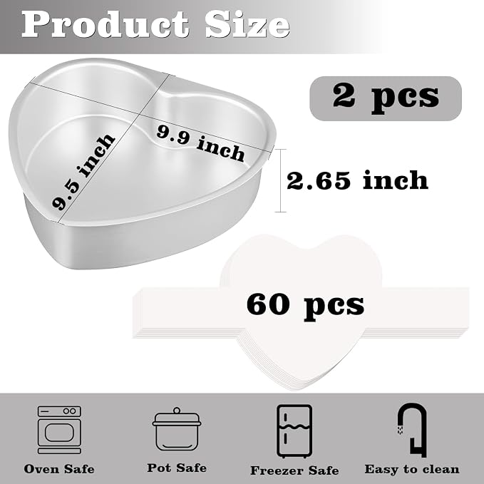 HUAKENER 9.5 Inch Heart Cake Pan, Non-stick Aluminum Heart Cake Pan | Set 2 Pack Heart Shaped Cake Pans with 60 Pieces Parchment Paper, Non-stick Cake Baking Pans for Kitchen Birthday Wedding