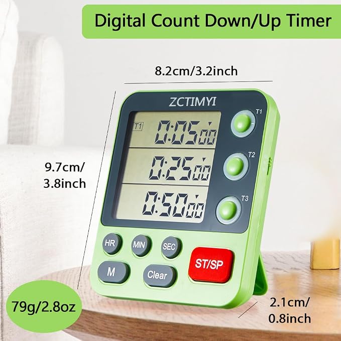 Dual Digital Timer for Kitchen Cooking, 3 Channels Count Down/Up Triple Timer for Kids, Presets Memory Large Display & Magnetic Back Adjustable Alarm Volume, Suit for Kids Teachers Studying, Green