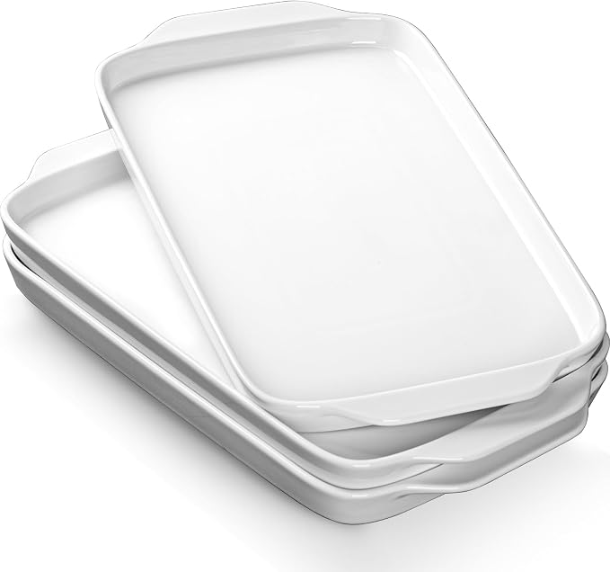 Dizada Large Serving Platter with Handles 16"x9" - White Porcelain Serving Trays Set of 3, Rectangular Platters for Entertaining, Party, Appetizer, Charcuterie