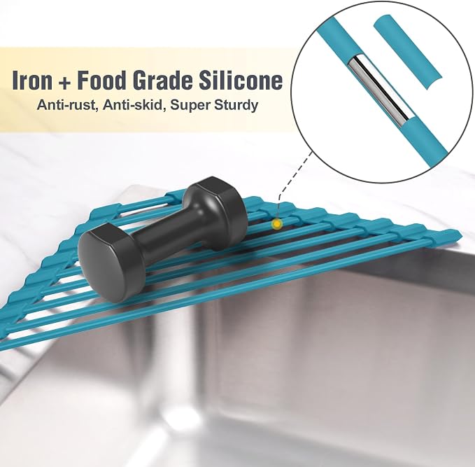 Tomorotec Roll Up Dish Drying Rack with Silicone Coating, Dark Green | 304 Stainless Steel with BPA-Free Silicone, Triangle Design Maximizes Sink Corner Space, Fits Compact Kitchens And RVs
