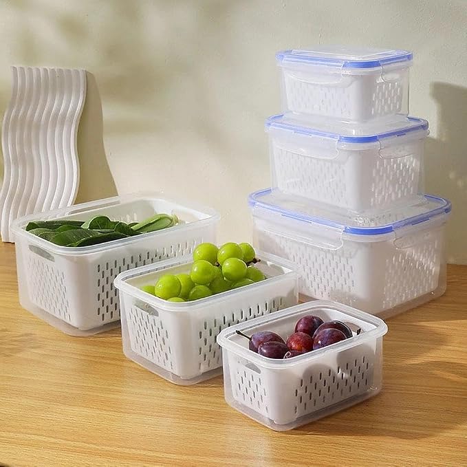 Yuonry 4 in 1 Food Storage Container, Fruit Storage Containers for Fridge, Produce Containers with Lid and Strainer, Including Drain Basket, Multipurpose Large Fruit Container for Fridge(Grey)