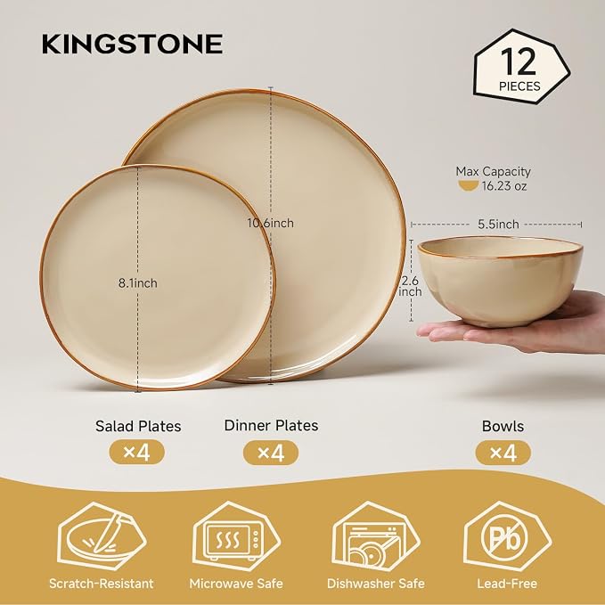 Stoneware Dinnerware Sets for 4, Reactive Glaze Plates and Bowls, Blue | 12-Piece Handcrafted Rustic Porcelain Dishes Set, Highly Scratch Resistant, Dishwasher & Microwave Safe