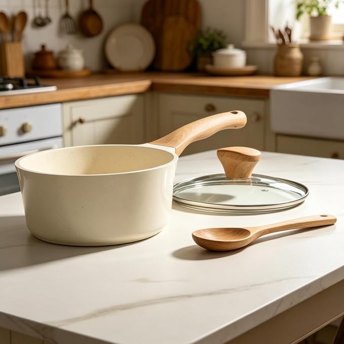 Nonstick Ceramic Saucepan with Lid 3.5QT | German Greblon Ceramic Nonstick Coating, Non Toxic Sauce Pot, PTFE, PFOA & PFAS Free, Induction Compatible.