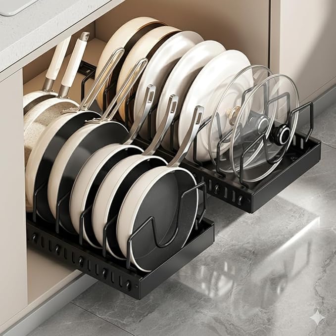 pots and pans organizer under cabinet,pot lid organizers inside cabinet holders for kitchen,Horizontal and vertical pulling modes,cast iron storage (Black Vertical pull-out)