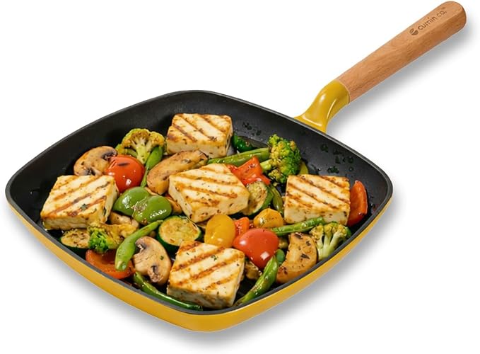 CUMIN CO. Enameled Cast Iron Grill Pan 10 Inch, 1.2 QT Grill Skillet – Non Toxic PFAS Free Cookware – 4 Layer Enamel Coated – Indoor Grill Pan for Steak, Chicken, Burgers & Vegetables (Mustard)