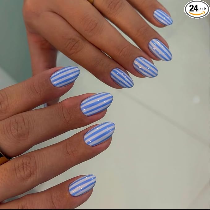 Blue White Press On Nails Short Almond Fake Nails With Stripe Designs | Full Cover False Nails Acrylic Nails Press Ons Reusable Stick On Nail Glossy Glue On Nail For Women 24Pcs