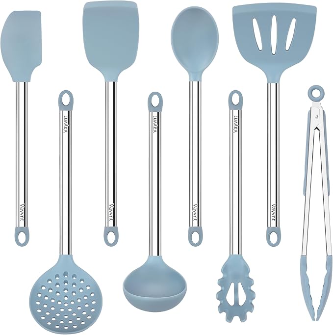 Vayvnt Silicone Kitchen Utensils Set, NonToxic, Plastic-Free, 8PCS, Blue | Heat Resistant Silicone Cooking Utensils, Non Scratch Spatula for Non Stick Pan, Long Stainless Steel Handle, Dishwasher Safe