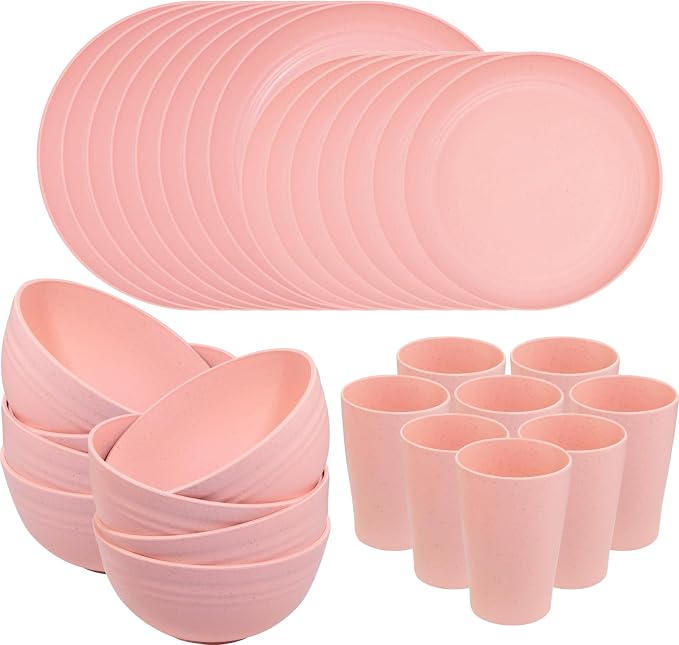 32Pcs Pink Plates and Bowls Sets for 8, Unbreakable Dinnerware | Lightweight reusable wheat straw pink dishes set. Shatterproof pastel camp plates & bowls for college dorm, RV, or picnics.