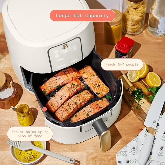 B 6 Quart Digital Air Fryer TurboCrisp Technology, Large Touchscreen Controls, Ceramic Roast Reheat Dehydrate Nonstick, Family Size for 5-7 People (White)