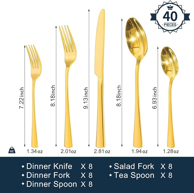 18/10 Flatware set for 8, 40 Piece Gold Stainless Steel Silverware Set | KINGSTONE Forged Flatware Cutlery Set, Mirror Polished Knives Fork and Spoon Utensils, Dishwaher Safe for Home Wedding Party