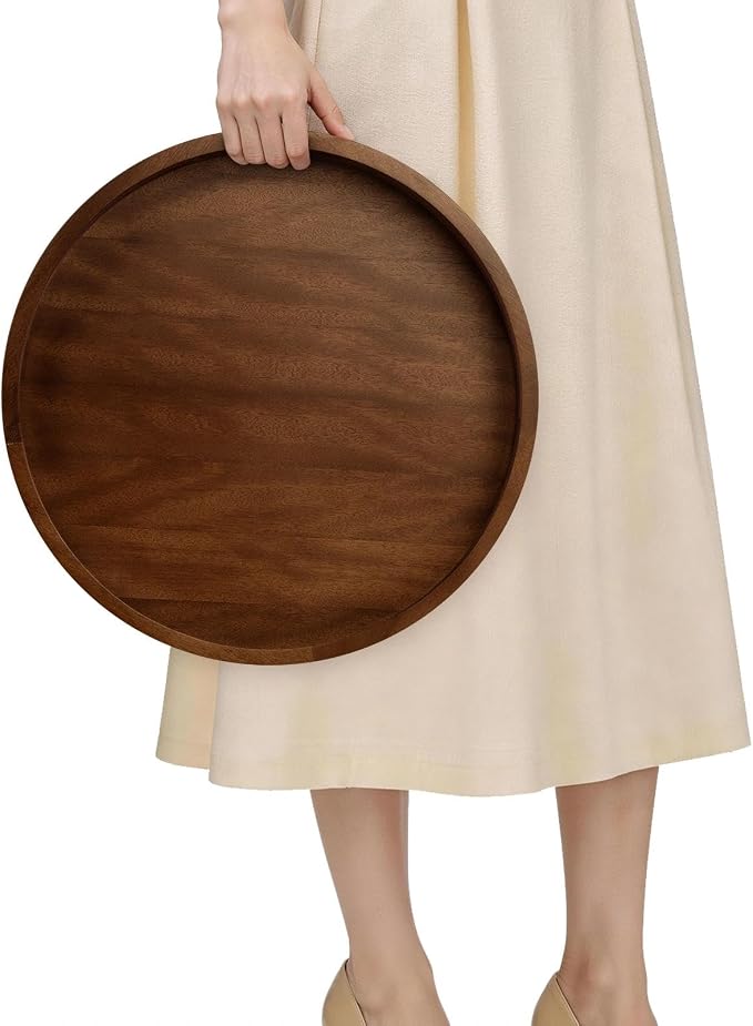 Extra Large Ottoman Tray, 16" Round Black Walnut Wood Serving Tray | Farmhouse Wooden Decorative Tray with Handles, Oversized Coffee Table Tray, Serving Platter Tray for Living Room, Countertop