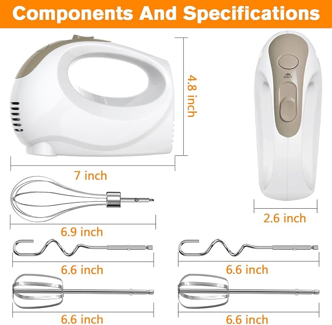 Showvigor Electric Hand Mixer with 5 Stainless Steel Whisks,5 Speed, White | Portable Kitchen Mixer Electric Whisk, Food Beater for Whipping Mixing Cookies