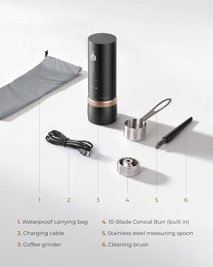 FORLIM Portable Burr Coffee Grinder, 80 Precision Settings, Single-Dose | USB-C Rechargeable, Stainless Steel Conical Burrs, Espresso, Moka Pot, Pour-Over, for Office, Travel & Small Kitchens