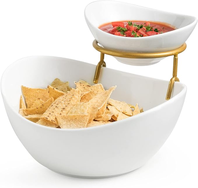 Miamolo 2 Tier Serving Bowl Set and Removable Rack for Chip and Dip | Ceramic Serving Dishes Set with 2 Compartment, for Snacks, Appetizer, Salad, Fruit | Microwave & Dishwasher Safe, Gold Stand