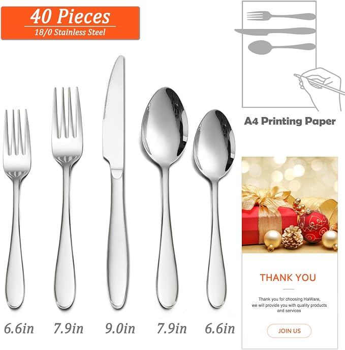 HaWare 40-Piece Silverware Set, Stainless Steel Flatware Service for 8 | Classic Tableware Cutlery for Home, Elegant Eating Utensils Include Knives Spoons Forks, Mirror Polished, Dishwasher Safe