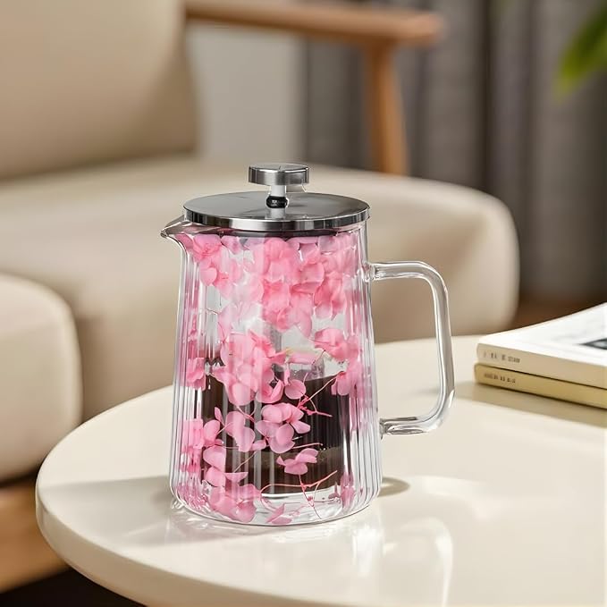 Glass French Press Coffee Maker, Heat Resistant Borosilicate Glass (22oz Pink Floral)