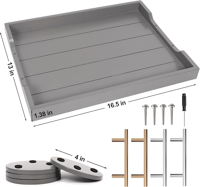 SXNOWS Wooden Serving Tray with 2 Sets of Handles,Gray | 16.5x13 Inch Large Ottoman Tray Platter for Coffee Table Living Room Breakfast in Bed Party, 4 Round Coasters Included