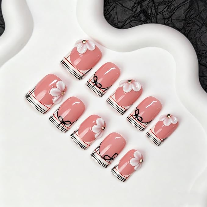 Luxury 3D Flower Short Square Press on Nails Handmade Fake Nails with Floral & Bow Art Design Stripe French Tip False Nails Muti-Layer Gel Handmade Thicked Acrylic Stick on Nail for Women (S)