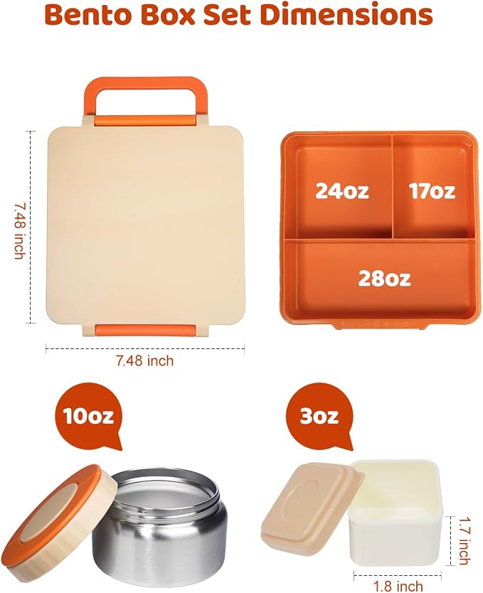 SOHIDA Bento Box with 10oz Soup Thermo: Gift for Kids, Kids Leakproof Lunch Box with 3 Compartments, School Supplies for Girl Boy Back to School,Orange