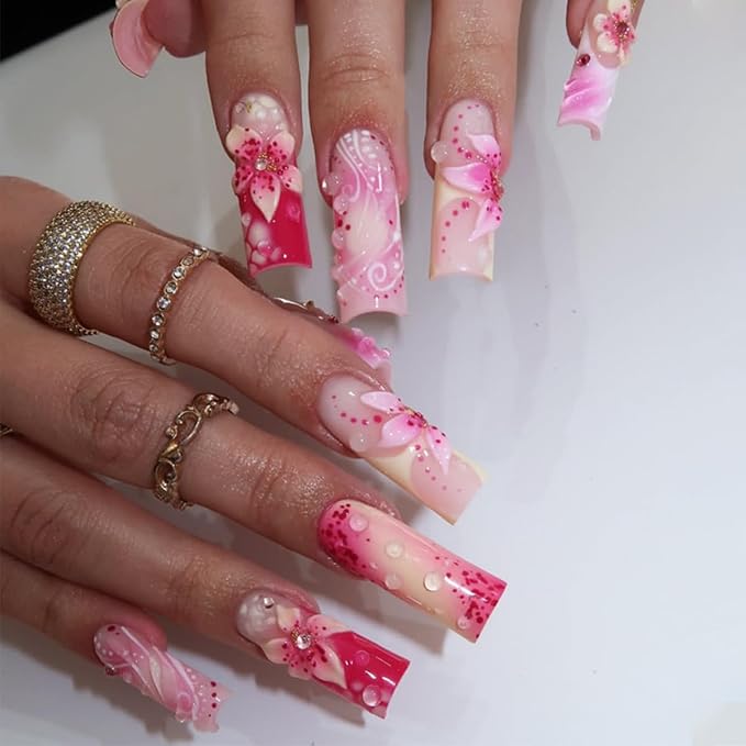 24Pcs Long Coffin Press On Nails Pink Gradient Fake Nails with 3D Flower& Rhinestone Design Summer Glue On Nails Acrylic Nail Tips False Nails Full Cover French Tip Stick on Nails for Women Manicure