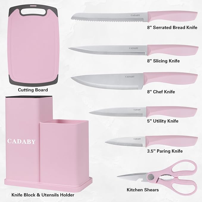 19 PCS Pink Kitchen Cooking Utensils Set Kitchen Tools Set | 6 Stainless Steel Knives, 11 Silicone Utensils with 1 Cutting Board, Ideal for Apartment