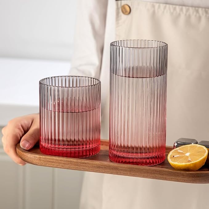 Ribbed Drinking Glasses 8pcs, 12oz and 10oz Glassware, Tumbler Glasses Cup Set for Wedding, Party, Christmas Gift, Grey Pink