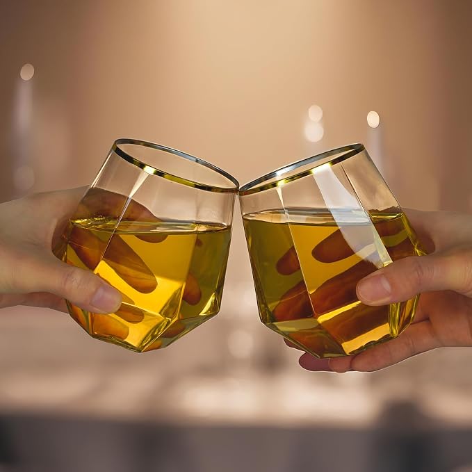 Goodluck 40PCS 12oz Diamond Stemless Plastic Wine Whiskey Glasses,Gold Rim | Disposable Cocktail Glasses, Suitable for Weddings, Birthday Parties, Family Gatherings, Bars, etc