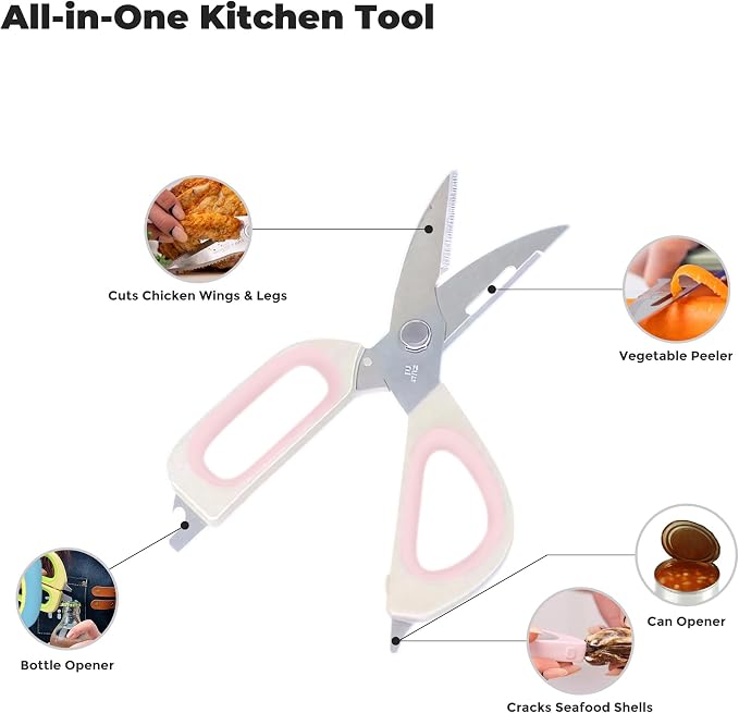 Zuutii Magnetic Kitchen Scissors, Heavy Duty Multi-Purpose Cooking Shears - Dishwasher Safe, Comfort Grip with Safety Lock Food Scissors for Chicken Bones, Herbs, Poultry, Vegetables, Begie&Pink