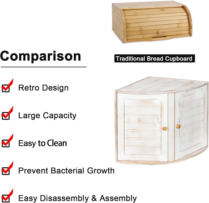 White Vintage Double Layers Bamboo Corner Bread Box for Kitchen Counter | Retro Farmhouse Style, Holds 2+ Loaves, Right Angle Fits Counter Corners, Breathable Keeps Bread Fresh 3-4 Days