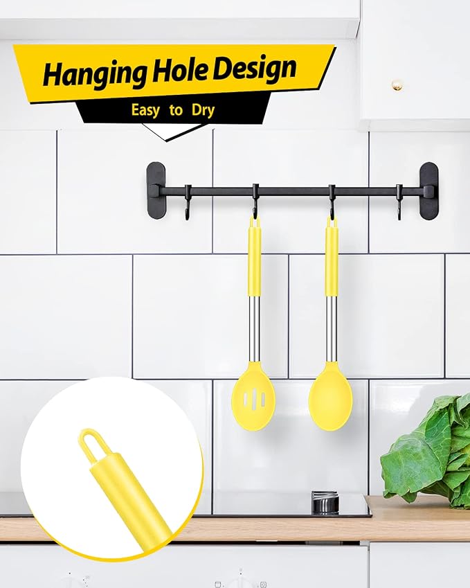 BUNDLEPRO Silicone Cooking Spoons for Non Stick Cookware, 2 Pack, Yellow | Heat Resistant, Large Kitchen Spoons for Mixing, Serving, Draining, Stirring