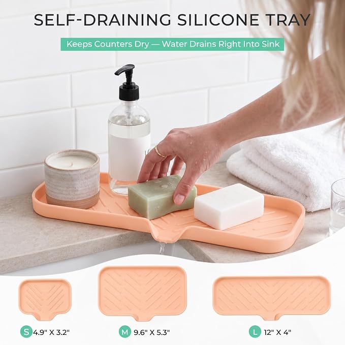 MicoYang Silicone Soap Dish with Drain Spout — Self-Draining Double Sink Organizer Tray for Kitchen & Bathroom, Dispensers, Sponges & Soap Holder, Non-Slip & Dishwasher Safe, Pink (Large, 12"×4")