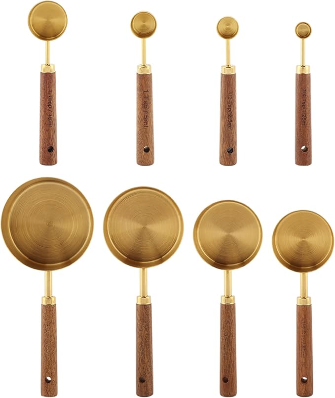 8Pcs Gold Measuring Cups and Spoons Set, Golden Stainless Steel Measuring Cups with Wooden Handle and 4 Measuring Spoons Set for Kitchen Baking Cooking