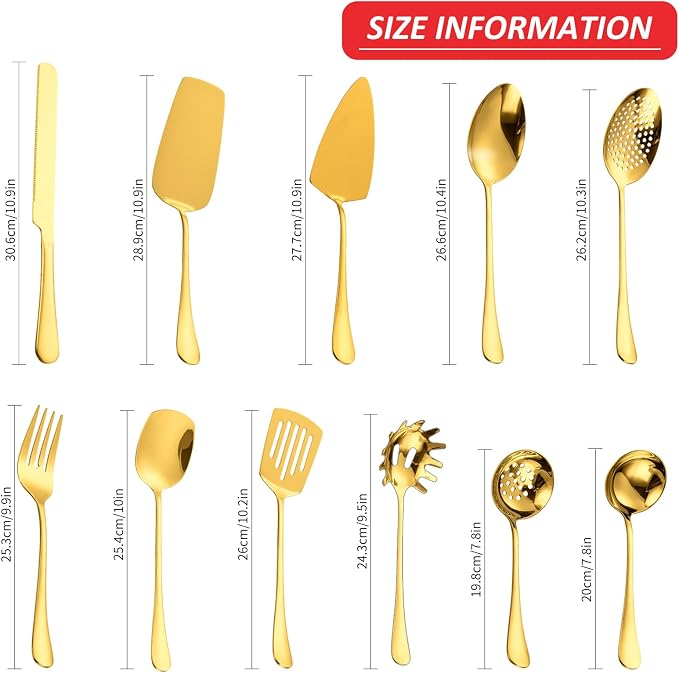 Gold Stainless Steel Kitchen Utensils Set 11 Pcs Cooking Utensils Hostess Serving Heat Resistant Kitchen Essentials Metal Kitchen Gadgets Accessories,for Buffet,Wedding,Party Dishwasher Safe