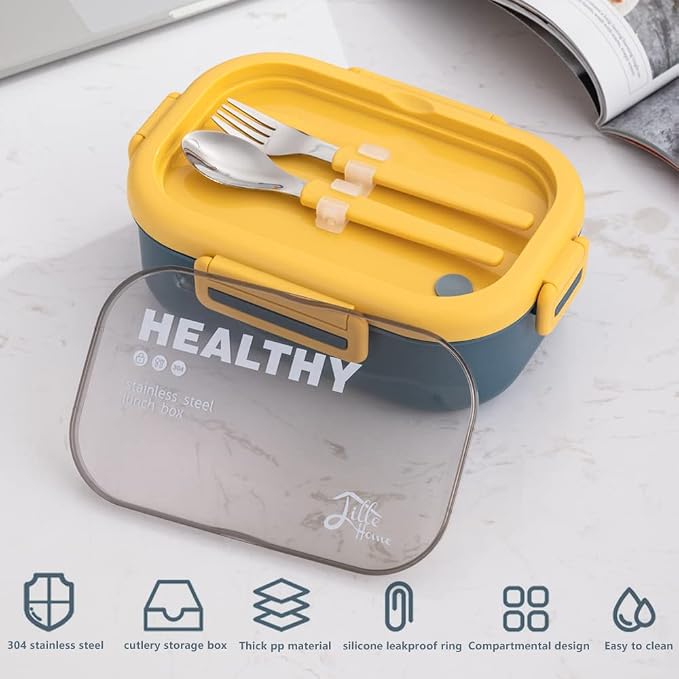 Lille Home 28oz Stainless Steel Leakproof 2-Compartment Bento Lunch Box | Portion Control Metal Lunch Box Food Container with Lunch Bag and Cutlery Set, BPA Free (Blue)