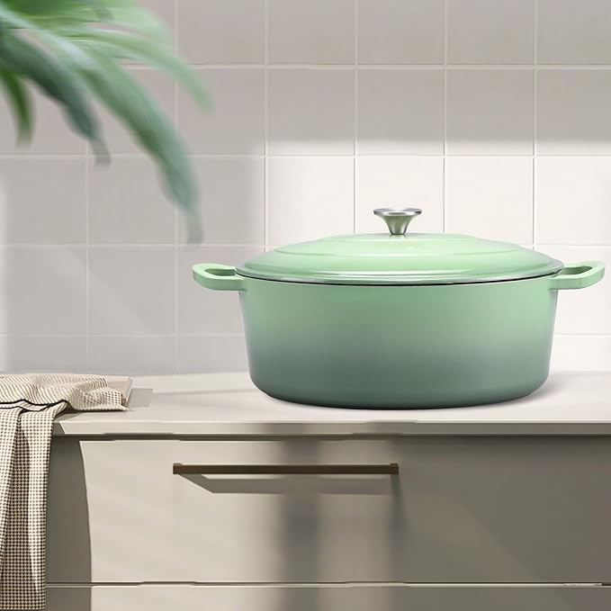5QT Oval Dutch Oven Pot with Lid, Leonyo 5 Quart Enameled Oval Cast Iron Dutch Oven for Sourdough Bread Breaking, Heavy Duty Cookware for Braising, Stews, Roasting, Pistachio Green