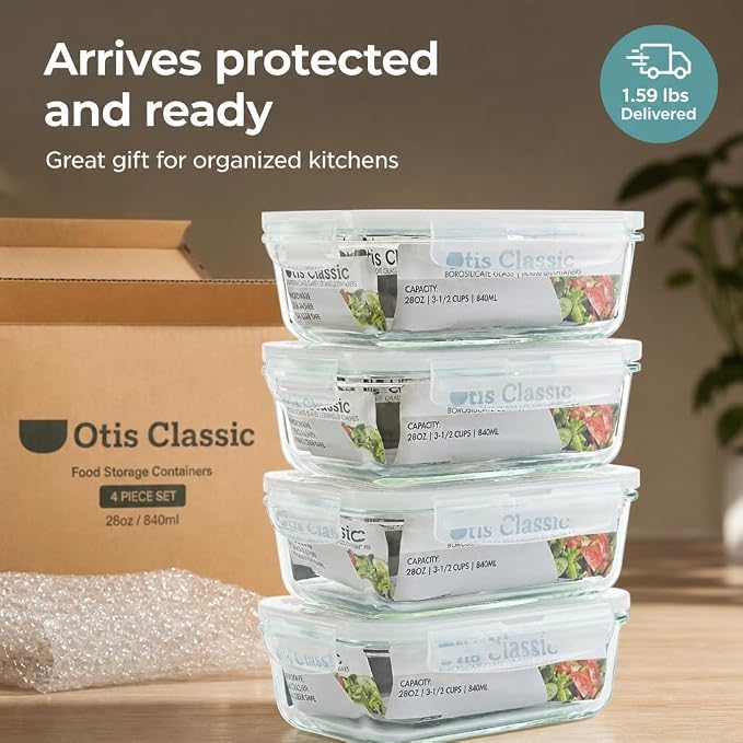 Glass Food Storage Containers, 4pk-28oz, Transparent Lids | Locking Lids, Meal Prep Containers, 1 Compartment, BPA Free and Dishwasher Safe