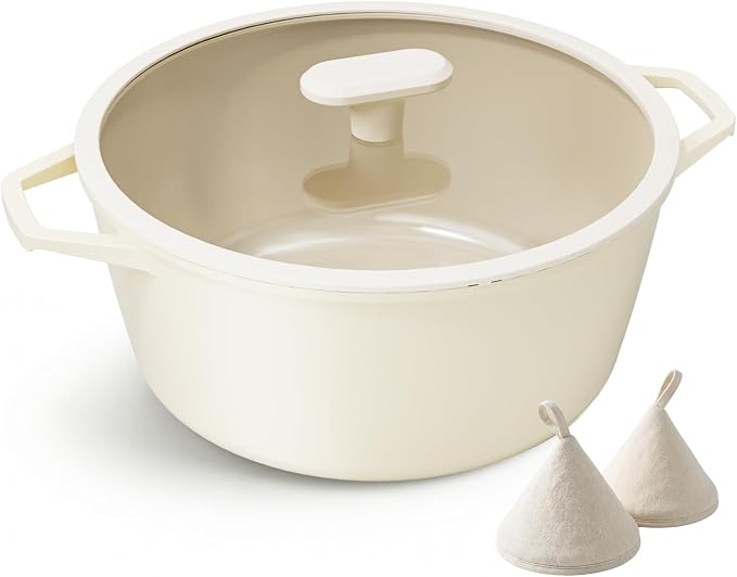 PRICUSIS Ceramic Nonstick Stock Pot with Silicone Rim Glass Lid, 4.5/7 QT Soup Pot Casserole, Cooking Pot, Induction Compatible, Dishwasher & Oven Safe, Ideal for Pasta, Bake & Stews, Coconut White