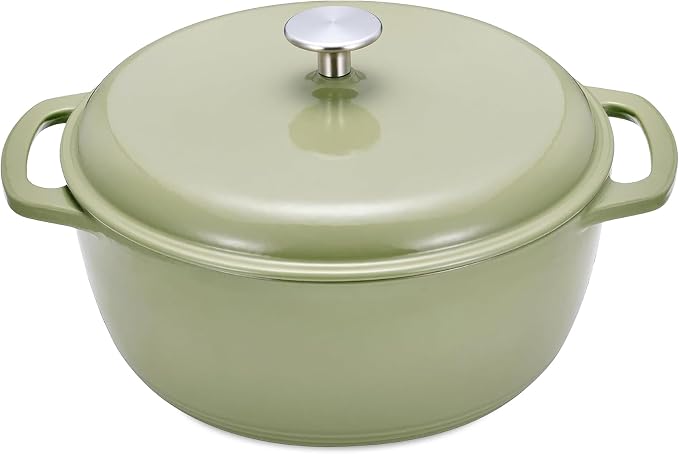 Amazon Basics Cast Iron Dutch Oven Pot with Lid, Enameled, Round, Dual Handles, Heavy-Duty, Large, 7.3-quart, Olive